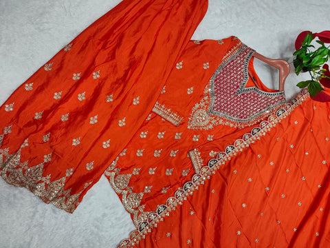 Premium Chinon Embroidered Readymade Party Wear Suit with Palazzo & Dupatta