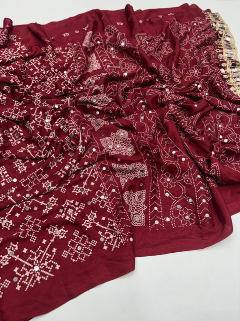 Designer Satin Silk Saree with Real Mirror Work Printed Blouse
