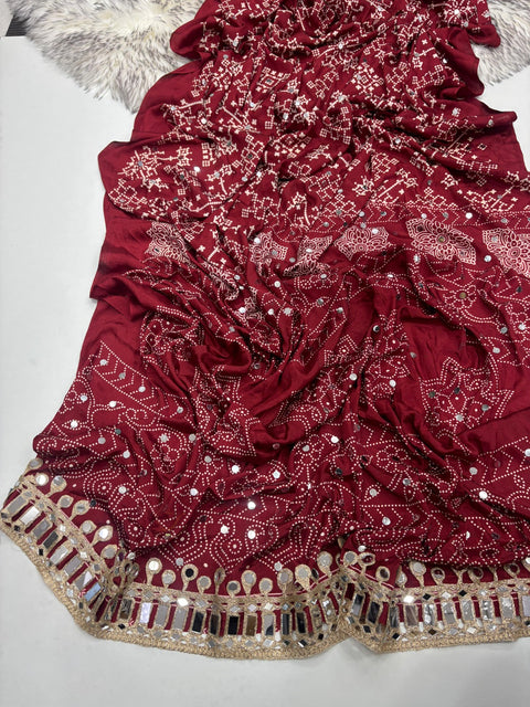 Designer Satin Silk Saree with Real Mirror Work Printed Blouse