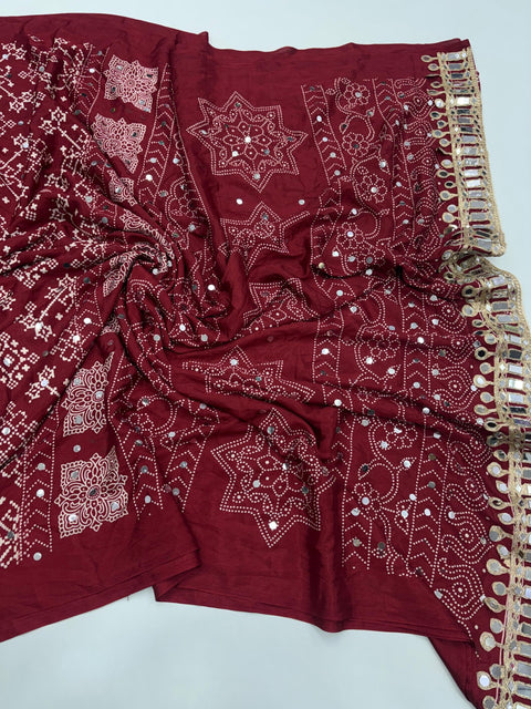 Designer Satin Silk Saree with Real Mirror Work Printed Blouse