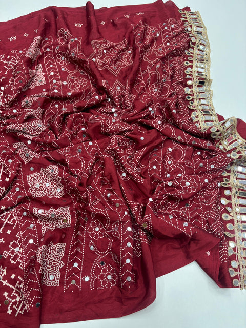 Designer Satin Silk Saree with Real Mirror Work Printed Blouse