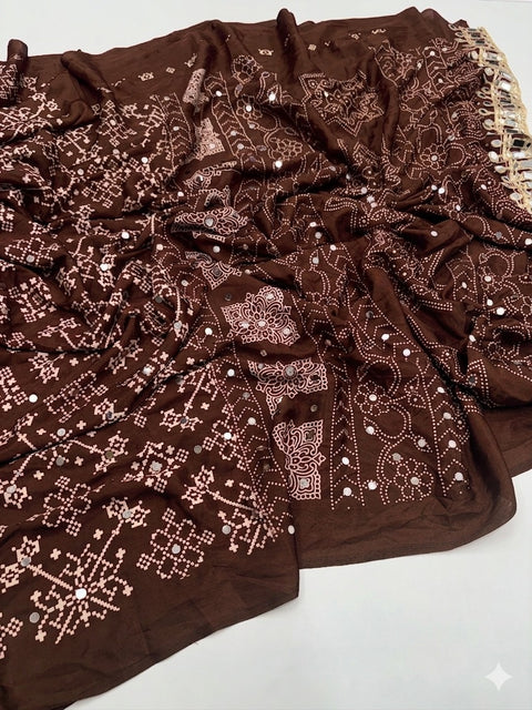 Designer Satin Silk Saree with Real Mirror Work Printed Blouse