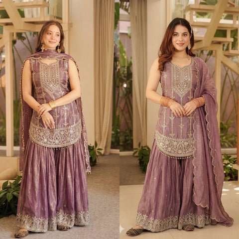 Designer Party Wear Top with Sharara & Dupatta Set