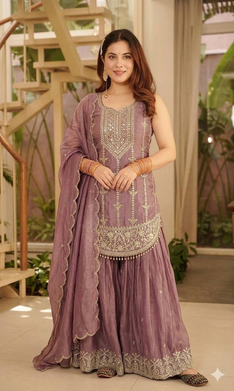 Designer Party Wear Top with Sharara & Dupatta Set