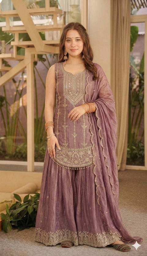 Designer Party Wear Top with Sharara & Dupatta Set