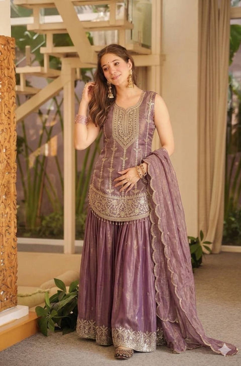 Designer Party Wear Top with Sharara & Dupatta Set