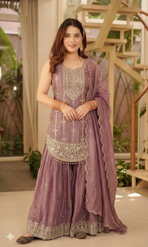 Designer Party Wear Top with Sharara & Dupatta Set