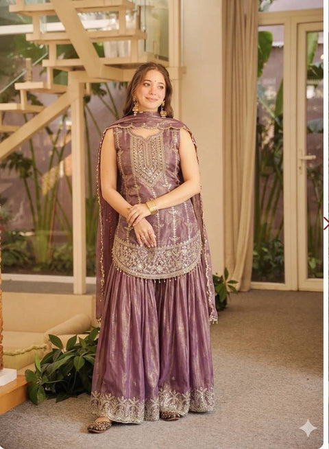 Designer Party Wear Top with Sharara & Dupatta Set