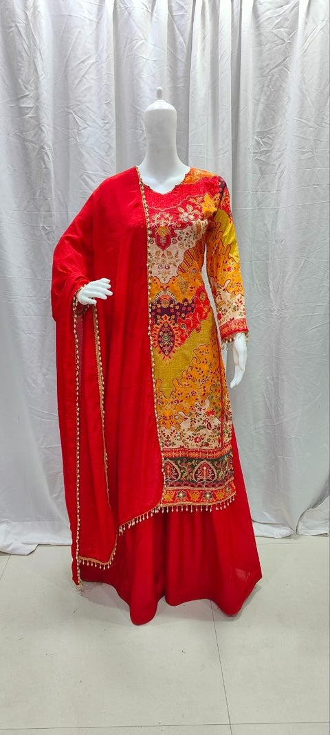 Premium Chinon Silk Kurta Sharara Set with Dupatta