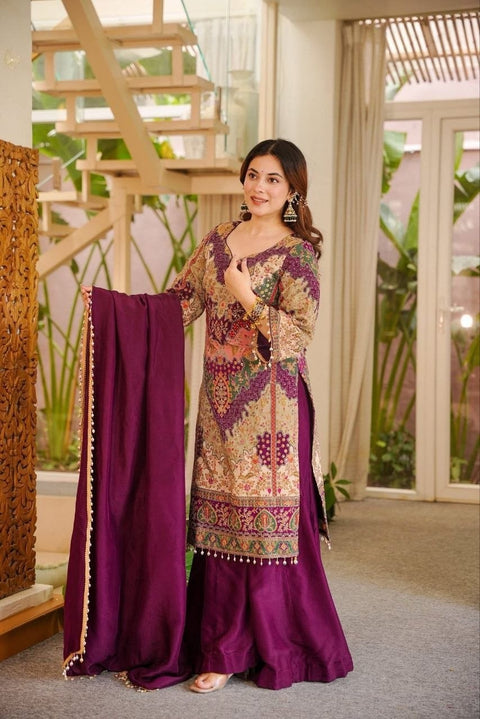 Premium Chinon Silk Kurta Sharara Set with Dupatta