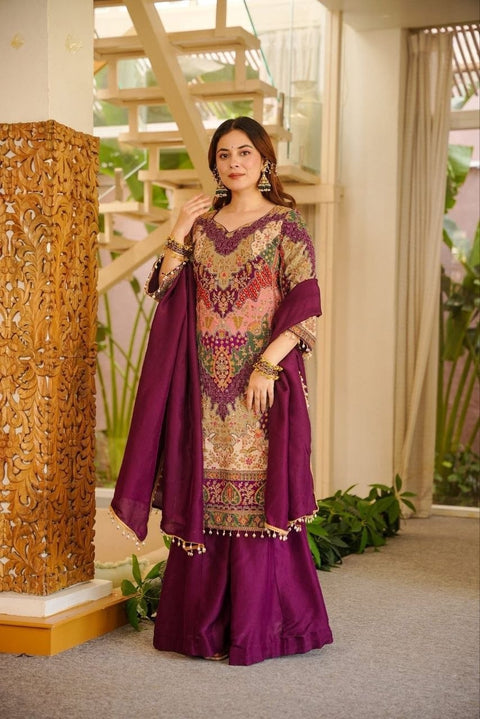 Premium Chinon Silk Kurta Sharara Set with Dupatta
