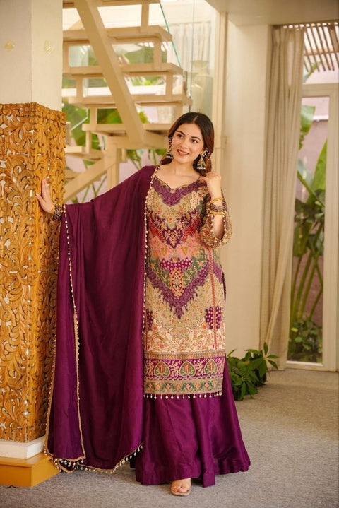 Premium Chinon Silk Kurta Sharara Set with Dupatta