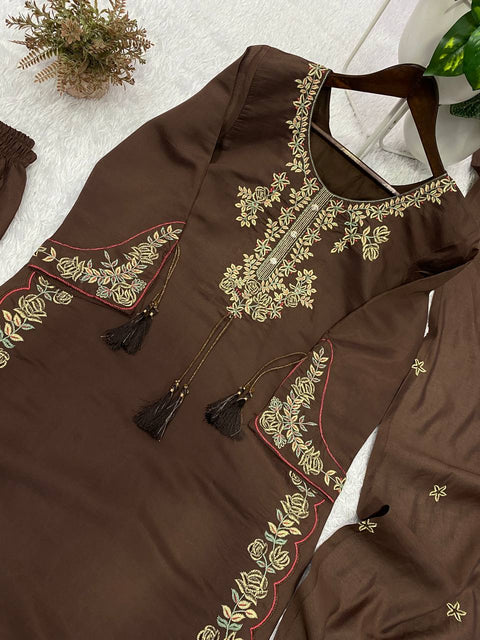 Designer Embroidered Roman Fabric Kurta Palazzo Set with Dupatta