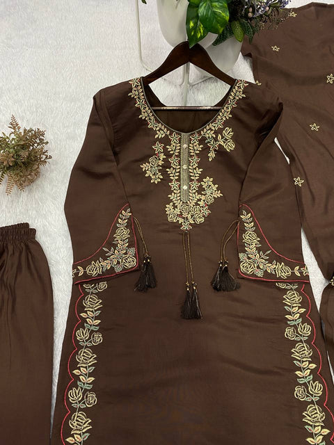 Designer Embroidered Roman Fabric Kurta Palazzo Set with Dupatta