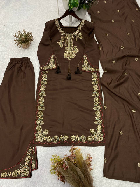 Designer Embroidered Roman Fabric Kurta Palazzo Set with Dupatta
