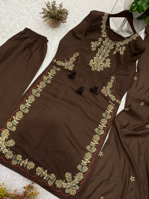 Designer Embroidered Roman Fabric Kurta Palazzo Set with Dupatta