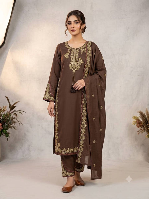 Designer Embroidered Roman Fabric Kurta Palazzo Set with Dupatta