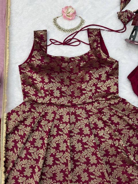 Designer Chanderi Jacquard Anarkali 3-Piece Set with Pent & Dupatta