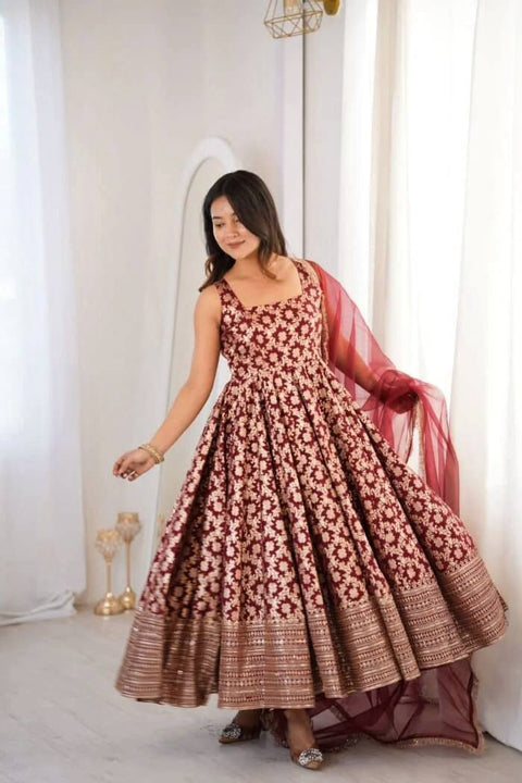 Designer Chanderi Jacquard Anarkali 3-Piece Set with Pent & Dupatta