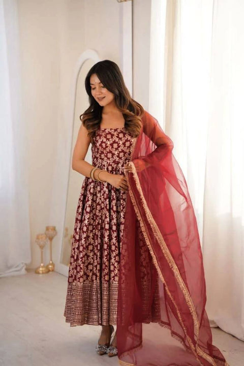 Designer Chanderi Jacquard Anarkali 3-Piece Set with Pent & Dupatta