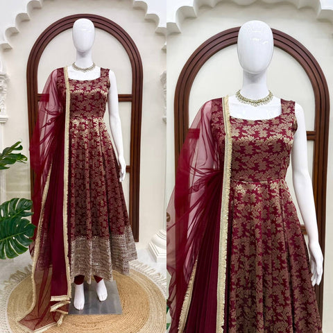 Designer Chanderi Jacquard Anarkali 3-Piece Set with Pent & Dupatta