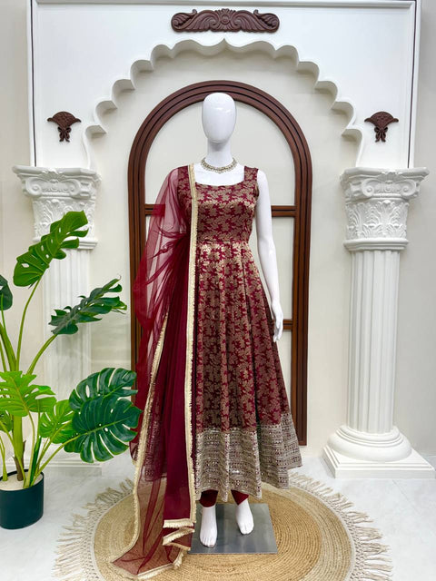 Designer Chanderi Jacquard Anarkali 3-Piece Set with Pent & Dupatta