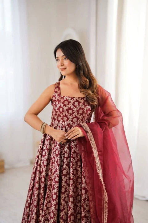 Designer Chanderi Jacquard Anarkali 3-Piece Set with Pent & Dupatta
