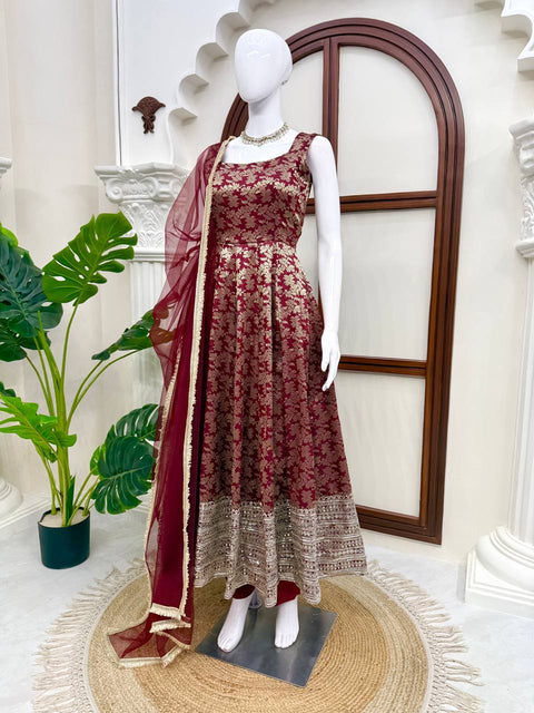 Designer Chanderi Jacquard Anarkali 3-Piece Set with Pent & Dupatta