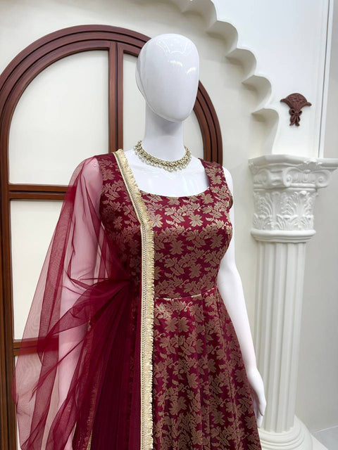 Designer Chanderi Jacquard Anarkali 3-Piece Set with Pent & Dupatta