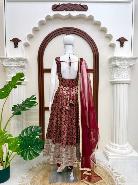 Designer Chanderi Jacquard Anarkali 3-Piece Set with Pent & Dupatta