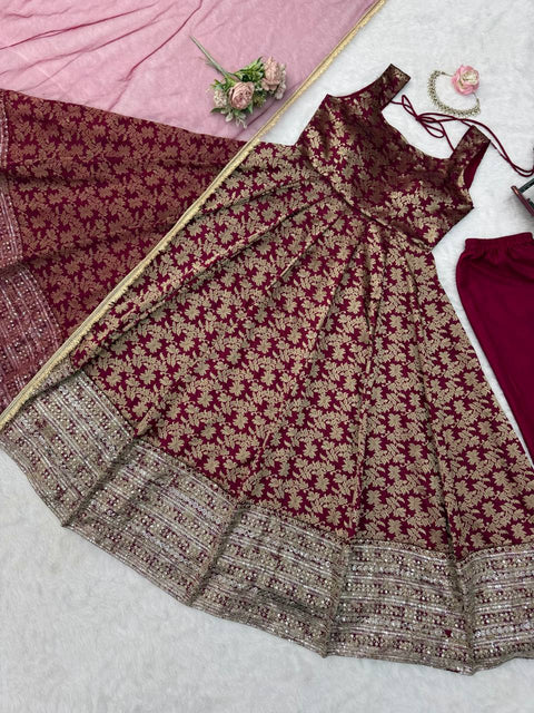 Designer Chanderi Jacquard Anarkali 3-Piece Set with Pent & Dupatta