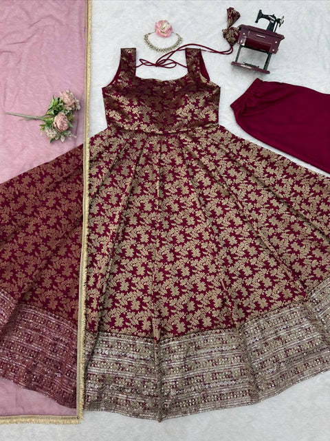Designer Chanderi Jacquard Anarkali 3-Piece Set with Pent & Dupatta