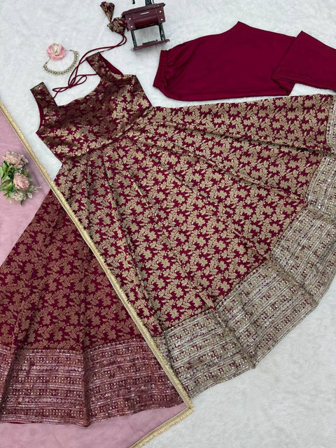 Designer Chanderi Jacquard Anarkali 3-Piece Set with Pent & Dupatta