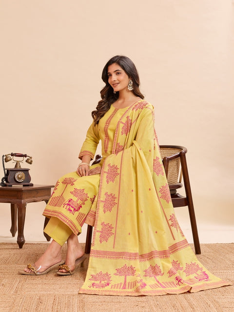 Pure Cotton Kurta Pant Dupatta Set