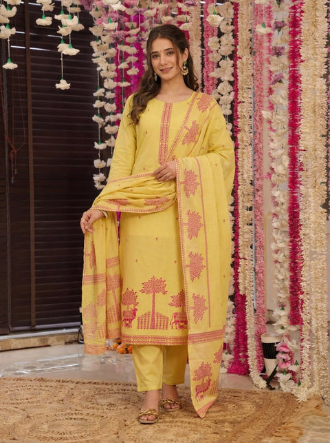 Pure Cotton Kurta Pant Dupatta Set