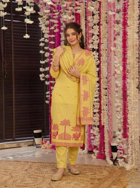Pure Cotton Kurta Pant Dupatta Set