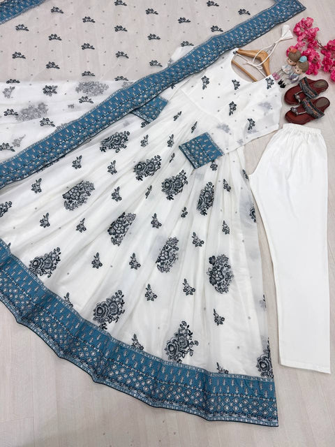 Heavy Star Georgette Embroidered Gown Set with Dupatta & Bottom
