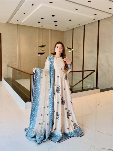 Heavy Star Georgette Embroidered Gown Set with Dupatta & Bottom