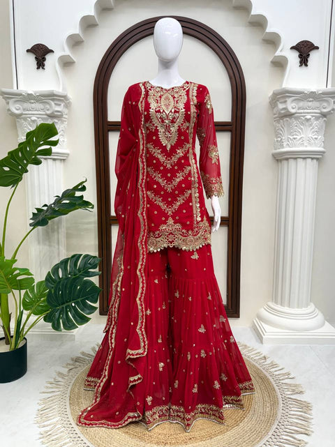 Faux Georgette Embroidered Sharara Suit Set