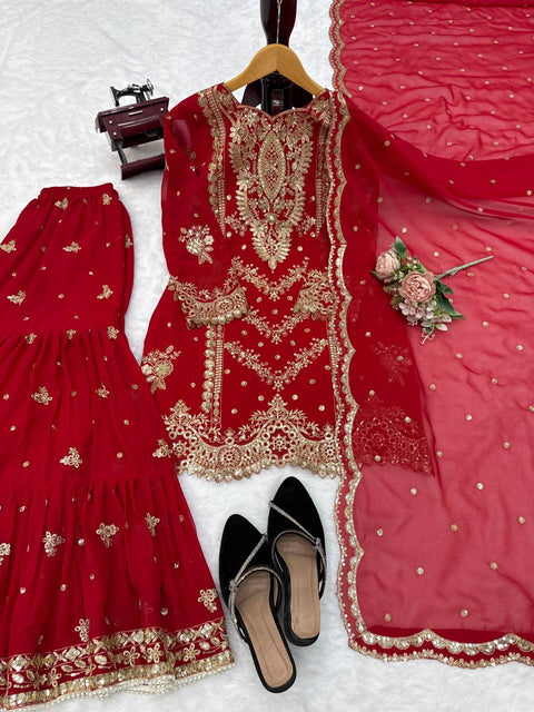 Faux Georgette Embroidered Sharara Suit Set