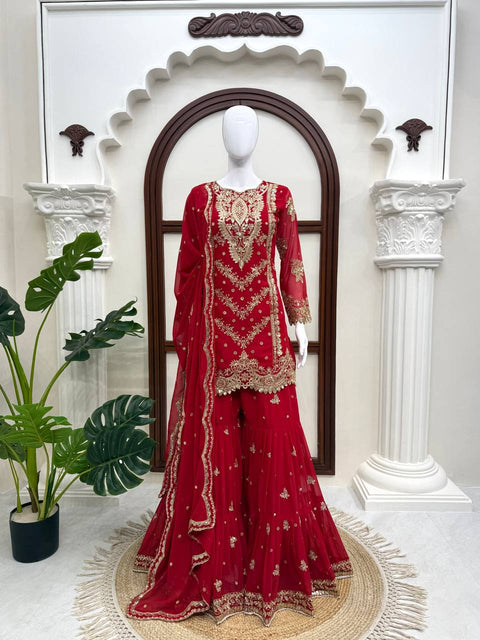 Faux Georgette Embroidered Sharara Suit Set