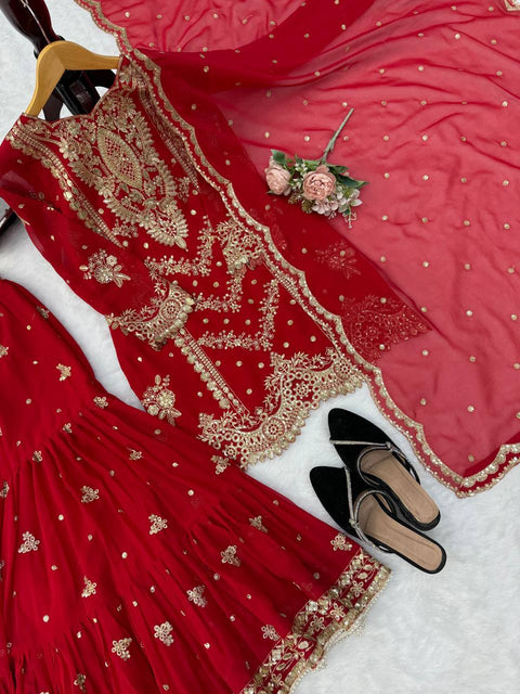 Faux Georgette Embroidered Sharara Suit Set