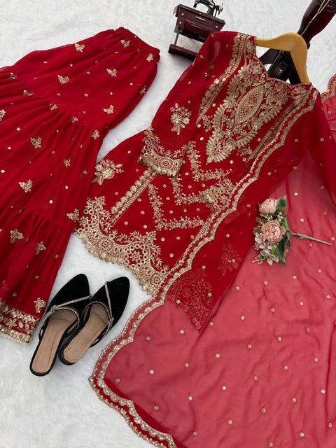 Faux Georgette Embroidered Sharara Suit Set
