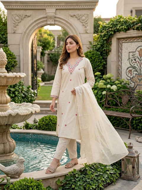 Women's Khadi Cotton Embroidered Kurti Pant Dupatta Set