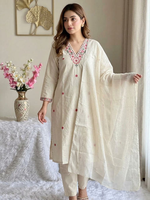 Women's Khadi Cotton Embroidered Kurti Pant Dupatta Set