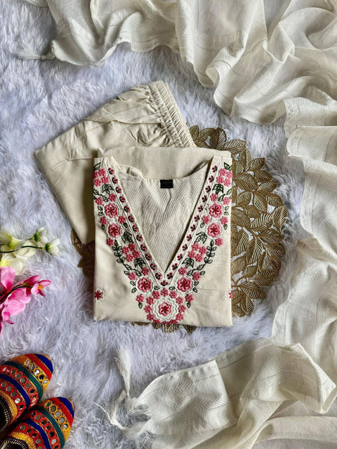 Women's Khadi Cotton Embroidered Kurti Pant Dupatta Set
