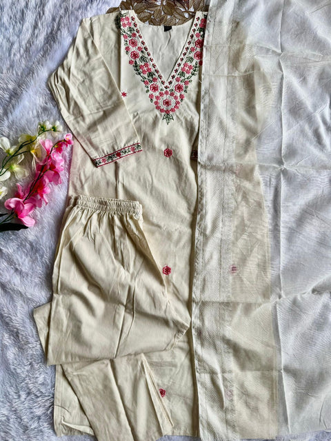 Women's Khadi Cotton Embroidered Kurti Pant Dupatta Set