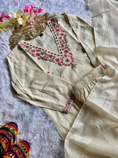 Women's Khadi Cotton Embroidered Kurti Pant Dupatta Set