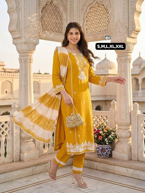 Stylish Roman Silk Kurti Pant Dupatta Set