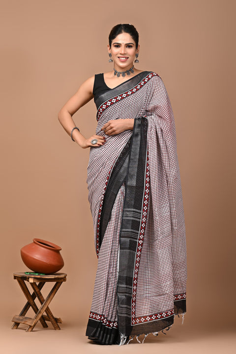 Traditional Bagru Handblock Print Linen Sarees